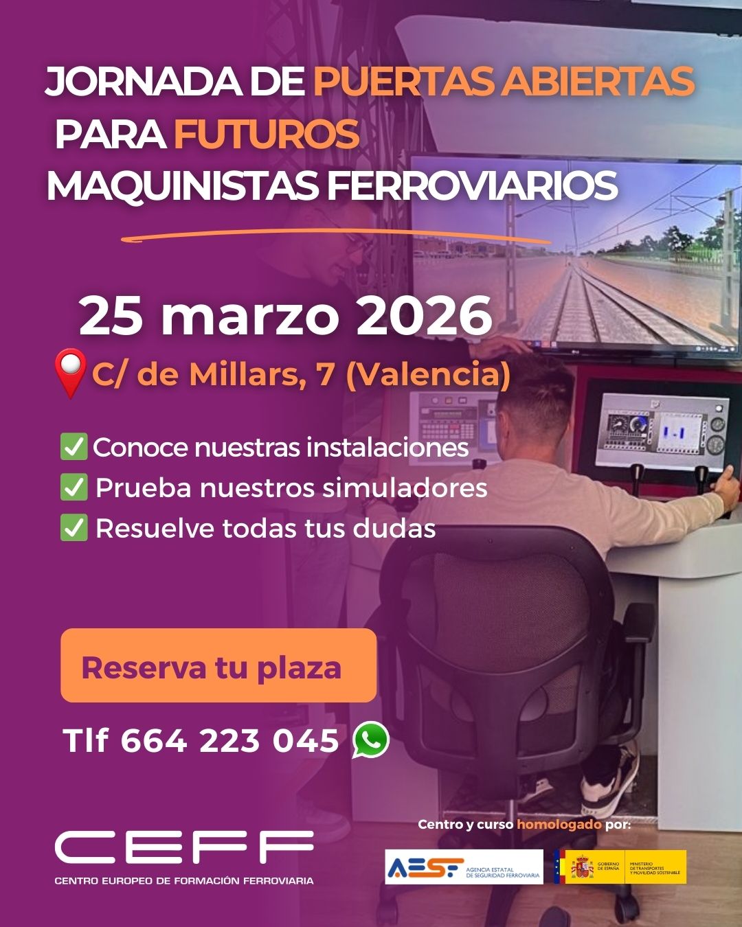 Jornada de puertas abiertas para futuros maquinistas ferroviarios en Valencia organizada por CEFF el 25 de marzo de 2026